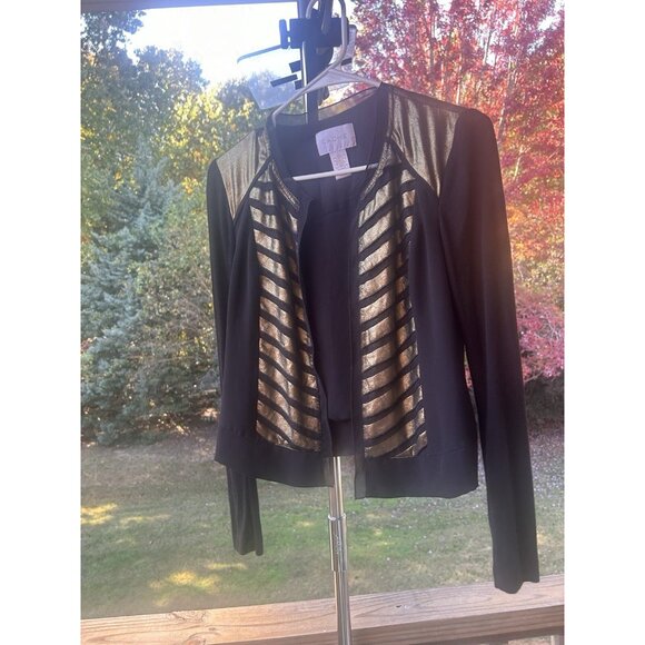 Cache Cardigan Jacket Open Front Top Black & Metallic Gold Holiday Party Size 0 - Picture 2 of 16